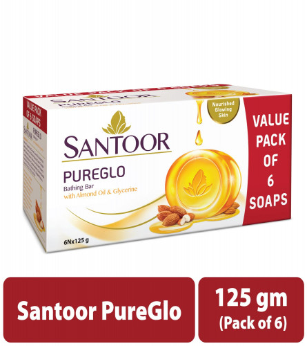 Santoor PureGlo Glycerine Bath Soap with Almond Oil 125 gm (Pack Of 6) Fs