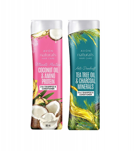 Avon Naturals 2-in-1 Shampoo & Conditioner Combo | Coconut Oil & Amino Protein Shampoo & Conditioner for Dry Hair | Tea Tree Oil & Charcoal Minerals Shampoo & Conditioner for Dandruff 180ml
