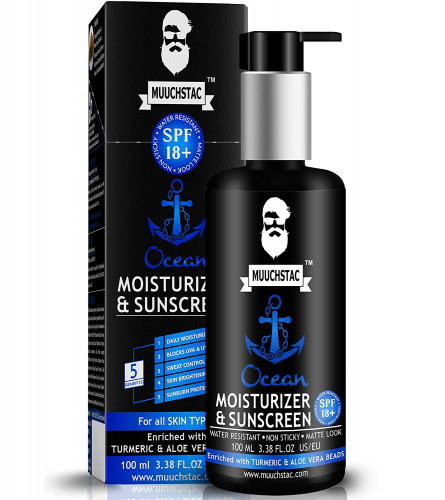 Muuchstac Men’s Ocean Moisturizer & Sunscreen Matte Look SPF 18+ Cream with Turmeric & Aloe Vera Beads, 100 ml