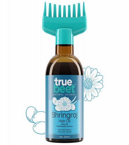 Truebeet Bhringraj Oil for Hair Fall Control, Voluminous Hair with Comb Applicator Enriched with Olive oil, Yashtimadhu Extract (220 ML)