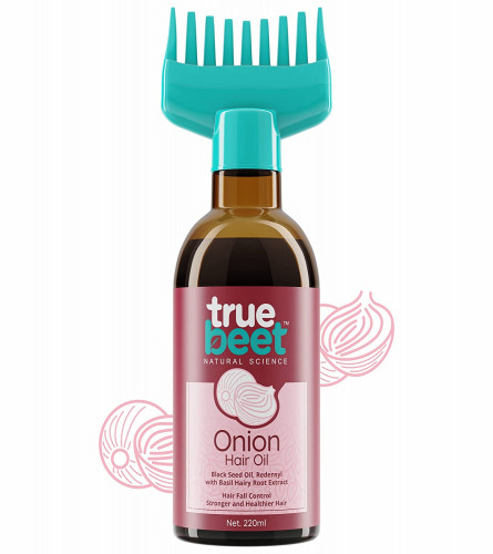 Truebeet Onion Hair Oil with Comb for Hair Growth & Hair Fall Control, Enriched With Black Seed Oil, Redensyl Basil hairy root Extracts for Men - Women | All Hair types (220 ML)