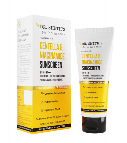 Dr Sheth's Centella & Niacinamide Sunscreen with SPF 50 PA+++ | For Oily & Acne-Prone Skin | 50 gm (free shipping)