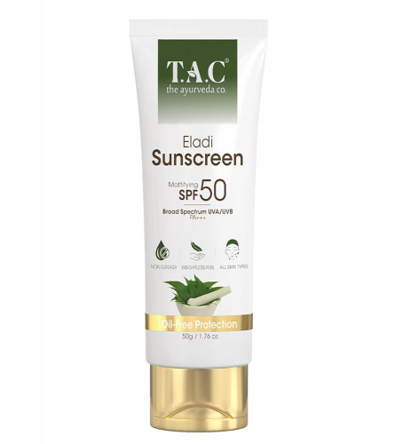 TAC - The Ayurveda Co. Eladi Sunscreen, Matifying SPF 50 & PA+++, UVA & UVB Rays Protection, Sunscreen for Indian Summer Condition, 50 gm (pack 2)