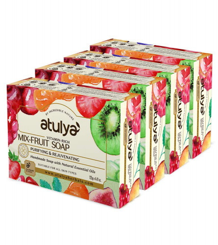 Atulya Mix Fruit Handmade Soap | Handmade Bathing Soap | Soap with Essential Oils | Vitamin Rich Soap | 125 GM (Pack of 4) free ship