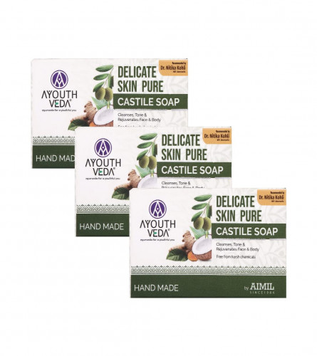 Ayouthveda Delicate Skin Pure Castile Soap | With the Goodness of Tulsi, Neem, Coconut & Olive Oil | 100 gm (pack of 3) free shipping