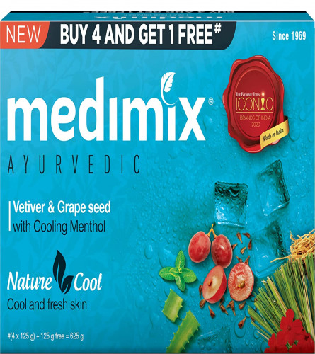 MEDIMIX AYURVEDIC Nature Cool Soap with Vetiver, Grape Seed and Menthol with 99.99% Germ Protection, 125g (Pack of 5)