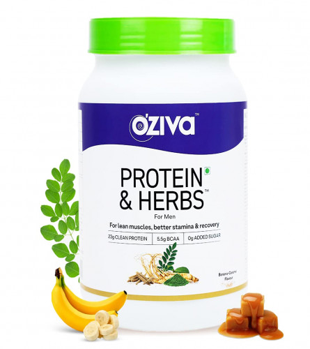 OZiva Protein & Herbs  Men for Muscle Building, Recovery and Stamina Flavour Banana Caramel 1 kg