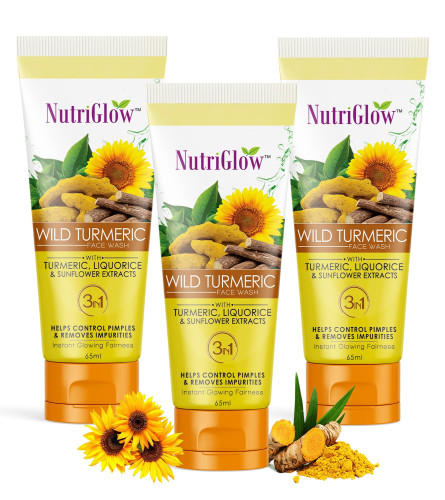 NutriGlow Wild Turmeric Natural Face Wash for Dry Skin, Tan Removal and Skin brightening, 65 ml (pack of 3) free shipping