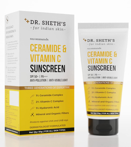 Dr. Sheth's Sunscreen SPF 50 Cream with Ceramide & Vitamin C for Oily, Sensitive, Dry Skin | 50 gm | free ship