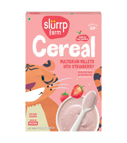 Slurrp Farm Multigrain Millets Cereal with Ragi, Strawberry and Rice Crispies, Instant Cereal for Growing Little Ones, No Refined Sugar, 300gm x 2 pack