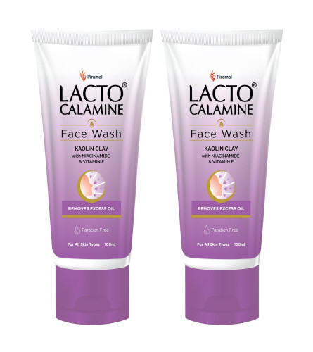 Lacto Calamine Daily Face Wash with Kaolin Clay, Niacinamide and Vitamin E for Oily Skin | Controls Pimples, Blackheads and Whiteheads | Paraben Free 100ml - Pack of 2