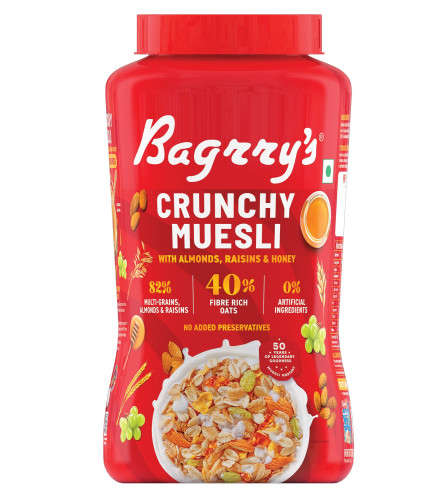 Bagrry's Crunchy Muesli 1kg Jar| 40% Fibre Rich Oats with Bran | 82% Multi Grains, Almonds, Raisins & Honey | Breakfast Cereal | Natural Muesli