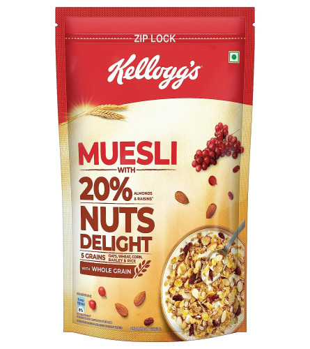 Kellogg's Muesli 20% Nuts Delight 1kg | Almonds & Raisins, 5 Grains, High in Iron, Vitamins B1, B2, B3, B6, Folate and Fibre, Multigrain Breakfast Cereal