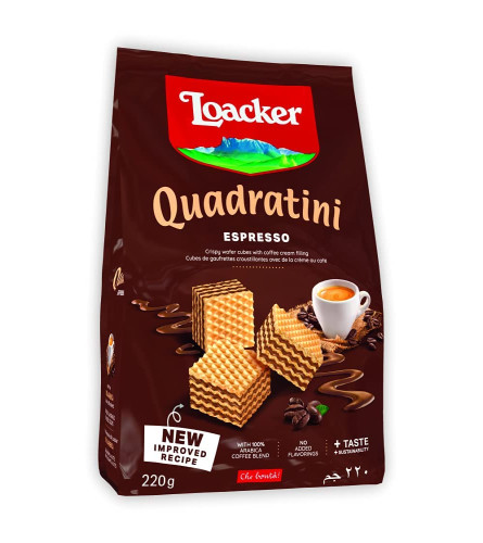 Loacker Quadratini Espresso - Crispy Wafer Cubes with Coffee Cream Filling - 220g
