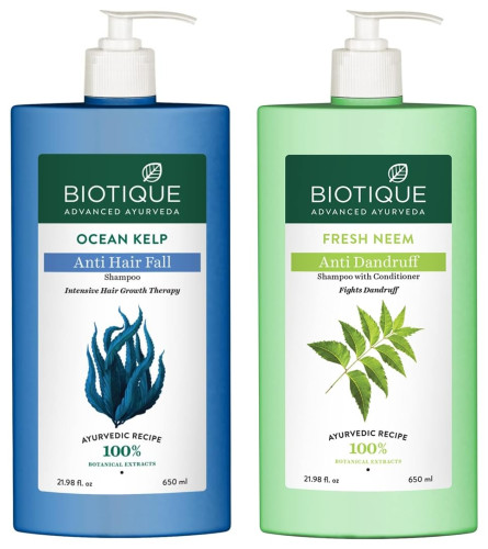 Biotique Bio Kelp Protein Shampoo For Falling Hair Intensive Hair Regrowth Treatment, 650ml & Bio Neem Margosa Anti Dandruff Shampoo & Conditioner, 650ml
