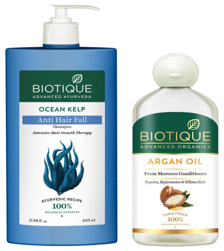 Biotique Bio Ocean Kelp Anti Hair Fall Shampoo Intenstive Hair Growth Therapy, 650ml & Biotique Argan Oil Hair Conditioner from Morocco (Repairs, Rejuvenates, and Silkens Hair), 300ml