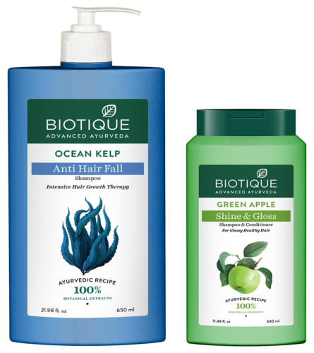 Biotique Bio Ocean Kelp Anti Hair Fall Shampoo Intenstive Hair Growth Therapy, 650ml & Biotique Green Apple Shine & Gloss Shampoo & Conditioner For Glossy Healthy Hair, 340 ml