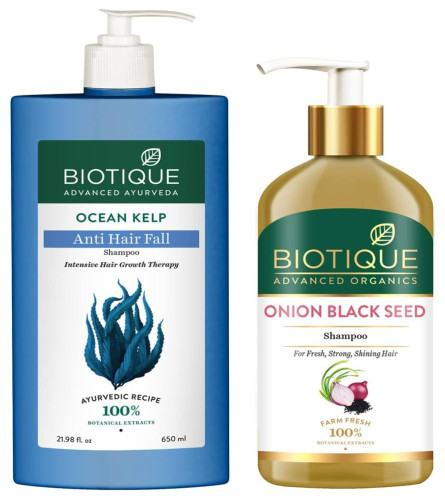 Biotique Bio Ocean Kelp Anti Hair Fall Shampoo Intenstive Hair Growth Therapy, 650ml & Biotique Onion Black Seed Shampoo For Fresh, Strong and Shining Hair, 300 ml