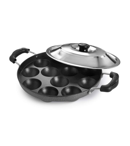 Cello Non-Stick 12 Cavity Appam Patra 2 Side Handle with Stainless Steel Lid (Pack Of 1) Fs