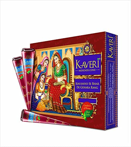 Kaveri Mehendi Cone Herbal Pure Leaves of Natural Henna for Hand Design on Festivals (Pack of 12 Piece)