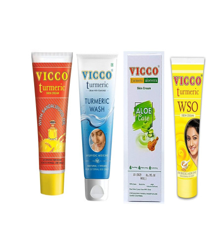 Vicco Glowing Skin Pack-1 Facewash 70g + 1 WSO 60g + 1 Turmeric Cream 70g + 1 Aloe Vera 30g