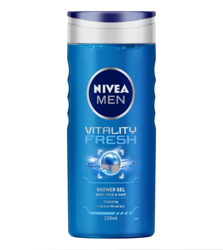 NIVEA MEN Vitality Fresh 250ml Body Wash| Shower Gel for Face, Body & Hair| Power of Ocean Minerals| Long Lasting Summer Freshness |Clean, Healthy & Moisturized Skin ( Free Shipping )