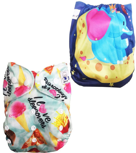 Babymoon (Set of 2) Reusable Cloth Diaper, Premium Adjustable Size Waterproof Washable Pocket Cloth Diaper Nappie (Frenchfries & Moon Elephant) ( Free Shipping )