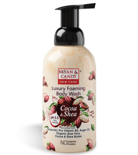 Bryan & Candy Cocoa Shea Luxury Foaming Body Wash with Pentavitin, Pro Vit B5, Argan Oil, Aloe Vera, Cocoa Shea Butter, Skin Friendly pH 5.5, All Skin Types, 400 Ml( Free Shipping Worldwide)