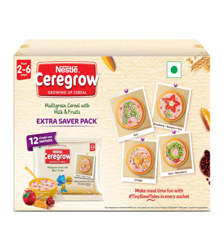 NESTLÉ CEREGROW KIDS Cereal- Multigrain,Milk & Fruits|Nutrient-Rich Tasty Breakfast | Rich in Iron ,Calcium &Protein| NO Added Colors or Flavors |16 Nutrients for Growth|MULTIPACK (12 Units, 50g Each)|600g ( Free Shipping worldwide )