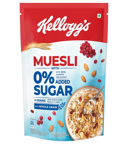 Kellogg's Muesli 0% Added Sugar 500g | 20% Almonds & Raisins | 5 Grains, High in Vitamins B1, B2, B3, B6, Folate, Source of Protein and Fibre | Breakfast Cereal ( Free Shipping worldwide )