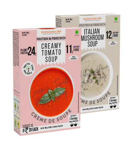 NutriSnacksBox Healthy Soup Combo Pack, 200g (Pack of 2 x 100g) | (10 Soup Sachets x 20g) | Creamy Tomato Soup | Italian Mushroom Soup | Healthy Soup with Protein and Fibers (Free World Wide Shipping)