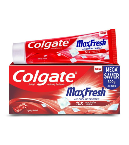 Colgate MaxFresh Toothpaste, Red Gel Tooth Paste with Menthol for Super Fresh Breath, 300g, 150g X 2 (Spicy Fresh) (Combo Pack Offer)