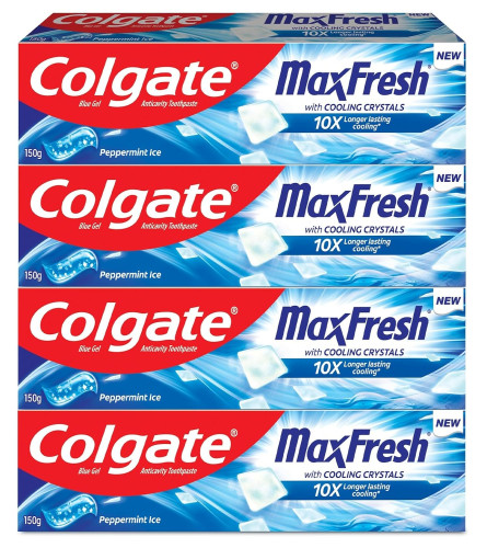 Colgate MaxFresh 600g (150g x 4, Pack of 4) Breath Freshener Toothpaste, , Peppermint Ice, Blue Gel Paste with Menthol, Cooling crystals for bad breath control