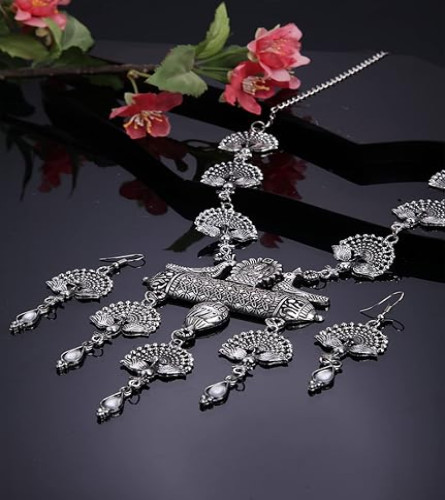 Latest Stylish Traditional Oxidised Silver Necklace Jewellery Set for Women