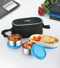 Cello Exe Stainless Steel Lunch Box for Office & School, 3 Containers, Blue (free shipping)