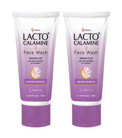 Lacto Calamine Daily Face Wash with Kaolin Clay, Niacinamide and Vitamin E for Oily Skin | Controls Pimples, Blackheads and Whiteheads | Paraben Free 100ml - Pack of 2