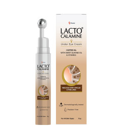 Lacto Calamine Under eye cream for dark circles, fine lines & puffy eyes for Women & Men | Cooling Massage Roller |Enriched with coffee, sweet almond & Vitamin E| Dermatologically tested| 15 g x Pack of 2