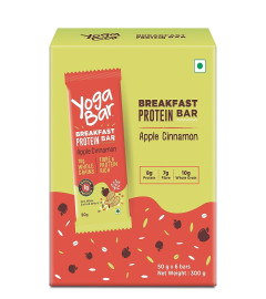 Yogabar Breakfast Protein-Bar Apple Cinnamon - Pack of 6, Wholegrain Low Fat Snacks with Oats and Millets, High in Protein (8g) and Fibre, Gluten Free Granola Bar with Chia and Flax Seeds