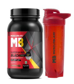MuscleBlaze Super Gainer Black with Enhanced Gaining Formula™- Appetite, Digestion & Testo Blend for Muscle Mass Gain (Chocolate, 1 kg / 2.2 lb) with Extreme Shaker, Red, 700 ml ( Free Shipping )