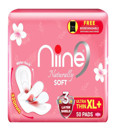 "NIINE Naturally Soft Ultra Thin XL+ Sanitary Napkins for Heavy Flow (Pack of 1) 50 Pads with Free Biodegradable Disposal Bags  For Women With Wings with Wings , Extra Large (30 30 Pads with 7 All Nights Free)"(Free Shippng)