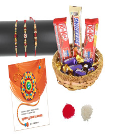 Relic Trademart, Rakhi set of 3- Red theme rakhi with two Nestle kitkat, Snicker, 5 Éclair Chocolate and Greeting card & Roli Chawal ( Free Shipping )