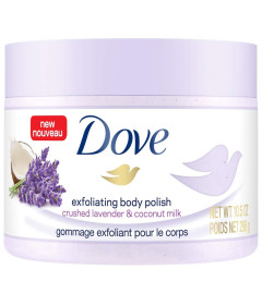 Dove Exfoliating Body Polish Scrub with Crushed Lavender & Coconut Milk for Dry Skin, Gently Exfoliates & Removes Dead Skin, Naturally Derived Ingredients, Sulfate-Free, Soothing Scent, 298 g ( Free Shipping )