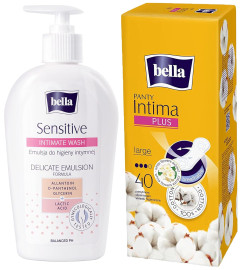 Bella Panty Intima Plus Panty Liners - 40 Count (Large) & Bella Sensitive Intimate Wash Delicate Emulsion, 300 Ml ( Free Shipping Worldwide )