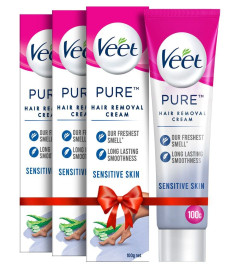 Veet Pure Hair Removal Cream for Women with No Ammonia Smell, Sensitive Skin - 100 g (Pack of 3) | Suitable for Legs, Underarms, Bikini Line, Arms | 2x Longer Lasting Smoothness than Razors ( Free Shipping Worldwide )