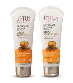 Lotus Herbals Radiance Boost Ubtan Facewash and Radiance Boost Ubtan Face Scrub | Turmeric, Sandalwood and Rose Water | Glowing Skin |Reducing Dark Spots 100gm Each ( Free Shipping Worldwide )