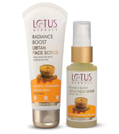 Lotus Herbals Radiance Boost Ubtan Face Serum SPF 20 30ml with Radiance Boost Ubtan Face Scrub 100gm | Turmeric, Sandalwood and Rose Water | Glowing Skin |Reducing Dark Spots ( Free Shipping Worldwide )