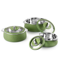 Cello Royale Combo of 3 Casseroles with Insulated Stainless Steel and Glass Lid, (Capacity - 600+1100+1600ml), Green( Free Shipping Worldwide )