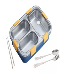TEC TAVAKKAL Lunch Box 3 Compartment Leak-Proof BPA Free Stainless Steel with Spoon, Lunch Box for Kids, Lunch Box for School & Office with a Fork, a Spoon and a Pair of Chopsticks (Random Color) ( Free Shipping worldwide )