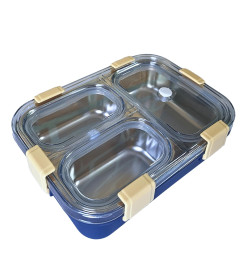 Premium Stainless Steel 3 Compartment Lunch Box Separately Sealed Grids, Leak-Proof,Heat Insulation,BPA Free and Eco-Friendly for Offices,School,Boys, Girls Included Fork and Spoon (Blue) ( Free Shipping worldwide )