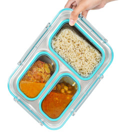ABOUT SPACE Lunch Box - 3 Compartment 1200 ml Insulated Tiffin Box with Silicon Gaskets Lid, Leak-Proof Diet Food Partition Stainless Steel Bento Box for Men,Women, Kids(Blue - L 27.5 x B 20 x H 5 cm) ( Free Shipping worldwide )